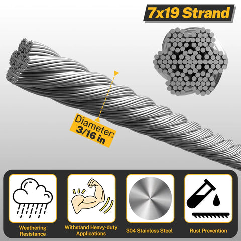 Close-up of 3/16 Inch Wire Rope Kit, 50 Ft 304 Stainless Steel Cable with 7x19 Strand Core and attributes icons.