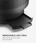 Close-up of removable ash tray for 26 Inch Fire Pit With Grill And Lid For Outdoor Use, Three In One Wood Burning Fire Pit Table With Poker.
