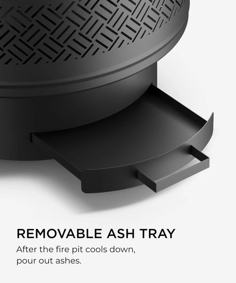 Close-up of removable ash tray for 26 Inch Fire Pit With Grill And Lid For Outdoor Use, Three In One Wood Burning Fire Pit Table With Poker.