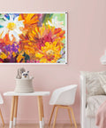 Colorful floral painting on wall above a child's play area with table, chairs, and soft toys in a pastel pink room.