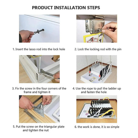 Installation steps for Heavy Duty Electric Attic Ladder With Remote Control Pull Down Loft Staircase, detailing assembly process.