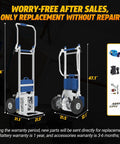 Electric stair-climbing hand truck with blue and silver metal frame and large wheels