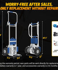 XSTO ZW7210GC Electric Stair Climber Hand Truck Cart, 1200W Powered Heavy Duty Dolly displayed with dimensions and warranty information.