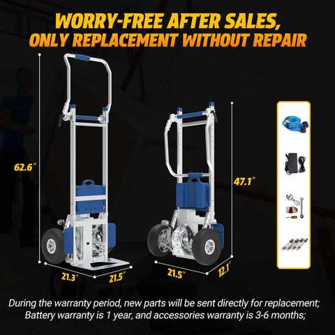 XSTO ZW7210GC Electric Stair Climber Hand Truck Cart, 1200W Powered Heavy Duty Dolly displayed with dimensions and warranty information.