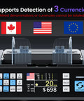 No Sweat Top Loading Digital Money Counter With Advanced Ultraviolet Infrared Anti Counterfeit Tech shows interface for 3 currencies.