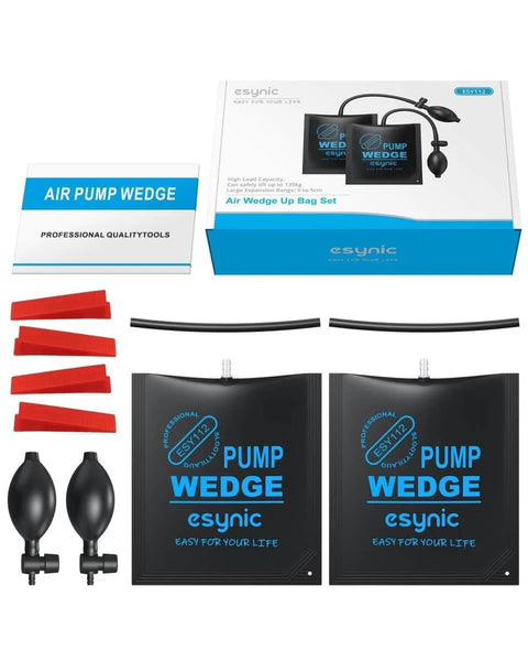 2 Pack Air Wedge Bags With 300 Pound Lift Capacity And 136 Kilogram Lift Capacity Anti Slip Inflatable Air Shim Set For Hands Free Door Window And Furniture Installation Includes Four Wedges Pro Grade Heavy Duty Durable Lifting Tool For Home Renovation shown with accessories