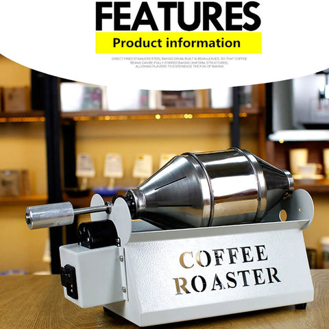 Crank Up Your Home Brewing Setup With This Solid Coffee Roaster Machine Featuring A Continuous Rotating Stainless Steel Drum, side view.