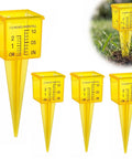 Four Pack Outdoor Rain Gauge With Wide Mouth 1.5 Inch Markings Ground Stake Yard Garden Sprinkler Irrigation Tool Easy Rainfall Readout For Lawn Care Pros High Visibility Yellow Weather Instrument, yellow plastic, four units