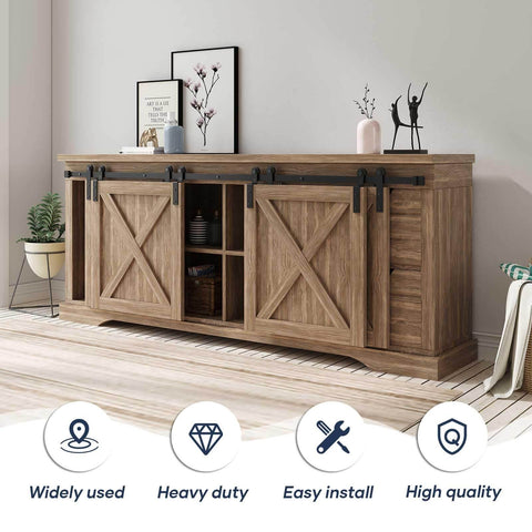 Six Foot Mini Cabinet Bypass Barn Door Hardware Kit With Single Track, 72 Inch Sliding Barn Door Kit For Four Doors installed on cabinet