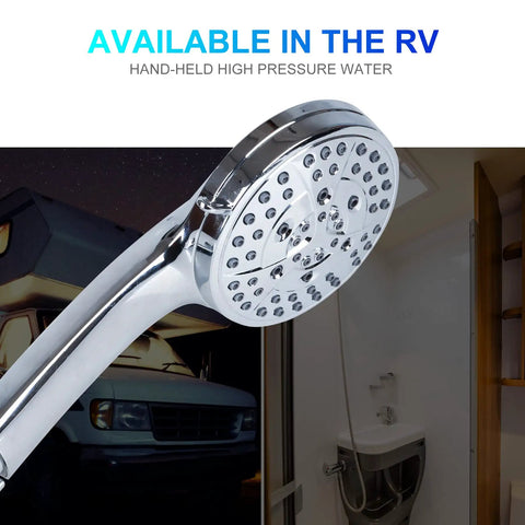 High Pressure Handheld Shower Head Kit With 7 Modes, 60 Inch Stainless Steel Hose shown in RV bathroom setup