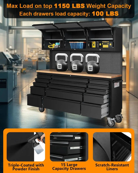 Hella Heavy Duty 72 Inch Rolling Tool Chest With 15 Drawers And Smooth Glide Wheels, Cold Rolled Steel Workshop Cabinet With Rubber Wood Top, Black Garage Storage Rack