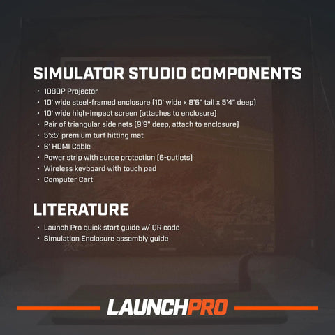 Launch Pro Portable Golf Simulator Bundle With FSX Play Gold Subscription Projector Enclosure And Turf components list