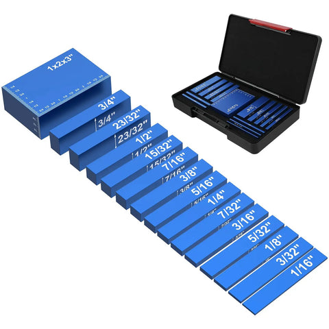 Heavy Duty 15 Piece Aluminum Setup Blocks And Height Gauge Set Featuring Precision Router Table Bars with size markings laid out.