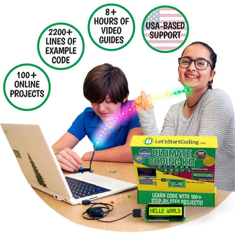 Code Ready Kids Coding Kit For Ages Eight To Twelve With 100 Plus Free Code And STEM Projects, Hands On Learning With C Plus Plus Programming, Fun Coding Games For Tweens, Great Gift For Techy Teens Of All Genders. Kids coding kit with laptop, LED board, and two children