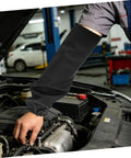 Tough As Nails Heat Resistant Welding Sleeves Fire Retardant Arm Protectors For Mechanics And Grinders Black with secure hook and loop closure in use.