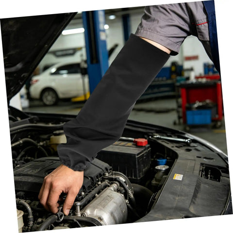 Tough As Nails Heat Resistant Welding Sleeves Fire Retardant Arm Protectors For Mechanics And Grinders Black with secure hook and loop closure in use.