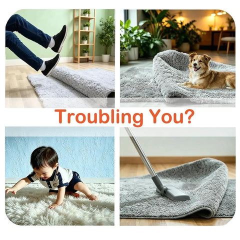 Image showing rugs slipping, a dog on a curled rug, baby crawling, and vacuum on loose rug, depicts non slip rug issues.