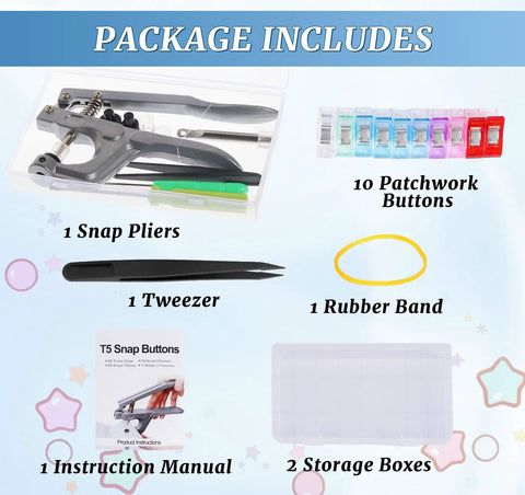 Package contents of No Sew Snap Button Kit With Pliers Set 460 Sets T5 Plastic Snaps 23 Colors For Clothing Diapers Bibs Rain Coats