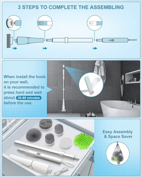 Assembly guide for Cordless Spin Scrub With 600 RPM Power, Adjustable Long Handle, 5 Replaceable Brush Heads.