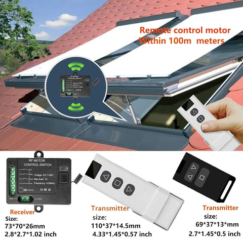 Forward Reverse Remote Control Switch For DC Motors 7V To 48V 10A With 328 Ft Remote Range 433MHz Receiver shown with roof shutter