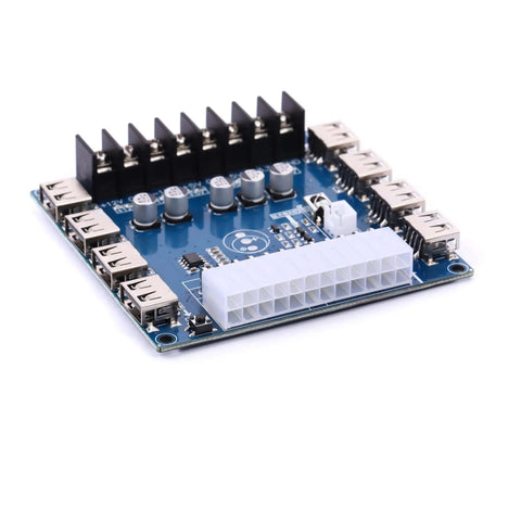 ATX Power Supply Breakout Board 24 Pin Module With 6 USB Ports, Dope 3.3V 5V 12V Rails And 1.8V To 10.8V, shown perspective view