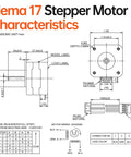 NEMA 17 stepper motor technical drawing showing front and side views with dimensions, wiring diagram and connector.