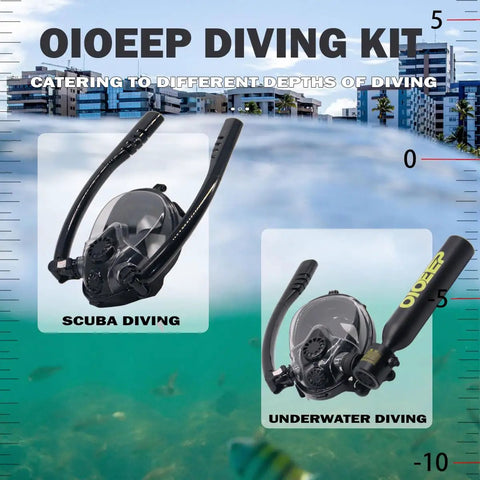 Scuba diving mask and underwater breathing kit displayed with ocean background, part of Compact Half Liter Scuba Diving Tank With Sub Mask Portable Lungs Kit