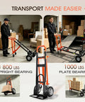 Beefy 4 In 1 Hand Truck With 360 Degree Swivel Casters Non Slip Rubber Wheels carrying boxes in a warehouse and truck loading