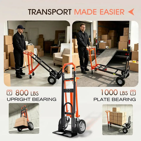 Beefy 4 In 1 Hand Truck With 360 Degree Swivel Casters Non Slip Rubber Wheels carrying boxes in a warehouse and truck loading