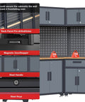 16 Piece Garage Storage Cabinet System With Corner Cabinets, Workbenches, And Pegboard showing features like lockable drawers and steel handles