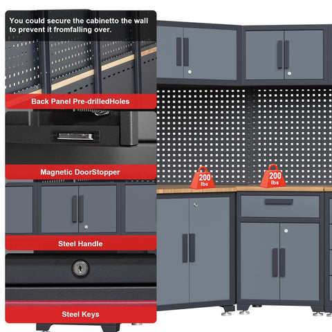 16 Piece Garage Storage Cabinet System With Corner Cabinets, Workbenches, And Pegboard showing features like lockable drawers and steel handles