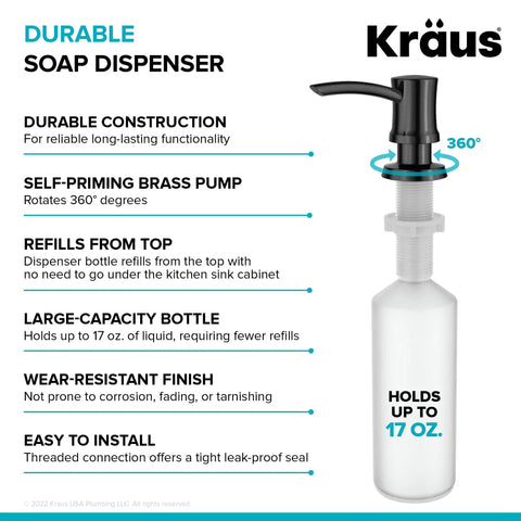 Diagram showing features of Spot Free Black Stainless Steel Kitchen Soap And Lotion Dispenser With Heavy Duty Brass Pump 17 Oz Bottle