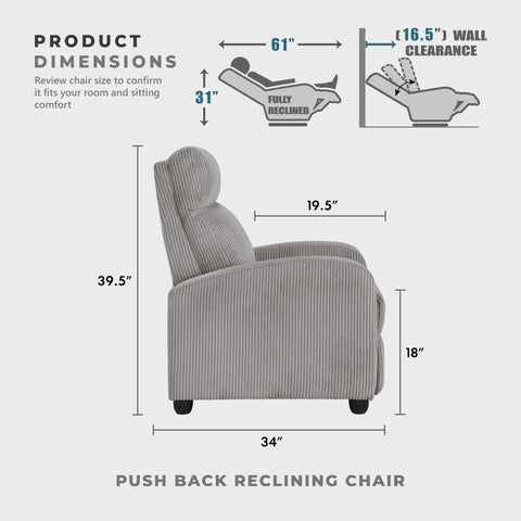 Dimensions of Cozy Corduroy Pushback Recliner Chair with Solid Wood Frame and Metal Base, Easy Assembly, Light Grey