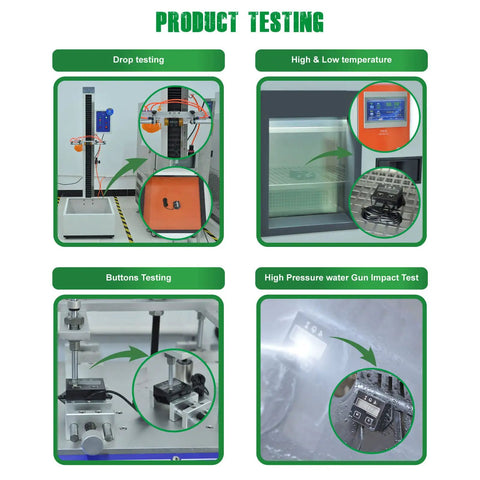Testing procedures for Digital Inductive Tach Hour Meter With RPM Gauge including drop, temperature, button, and water tests.