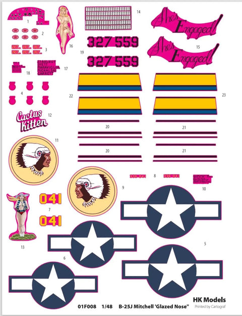 Cartograf decals sheet for 1/48 US Military B-25J Mitchell Glassnose Plastic Model Kit With 249+ Parts, Includes Photoetched Details.