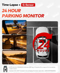 Three Channel 4K Front 4K Rear 1080P Cabin Dash Cam showing 24-hour parking mode with G-Sensor and time-lapse feature.