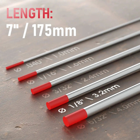 Red Tip One Eighth Inch TIG Tungsten Electrode Seven Inch Length WT20 EWTh2 10 Pack displayed on a metal surface