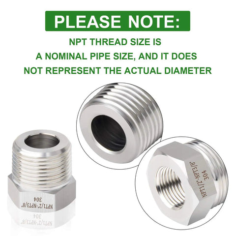 Five Pack Beefy Heavy Duty Forged 304 Stainless Steel Reducer Hex Bushing From Half Inch Male NPT To Three Eighths Inch Female NPT Industrial Pipe Fitting Adapters With Protective Case, 304 stainless hex bushing