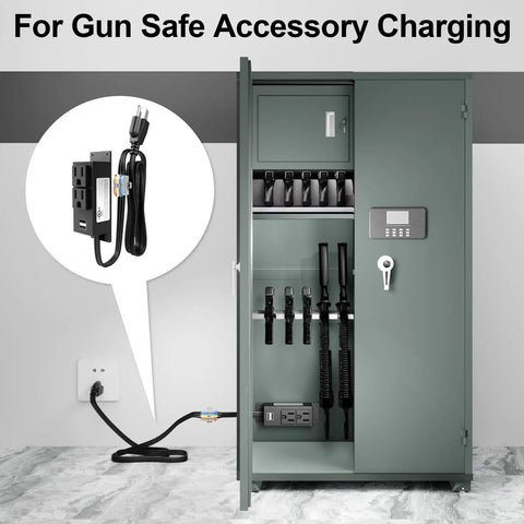 Power Outlet Kit For Gun Safe With 2 AC Outlets And 2 USB Ports 6 Point 9 Foot Removable Cables With Quick Connector Plug And Play