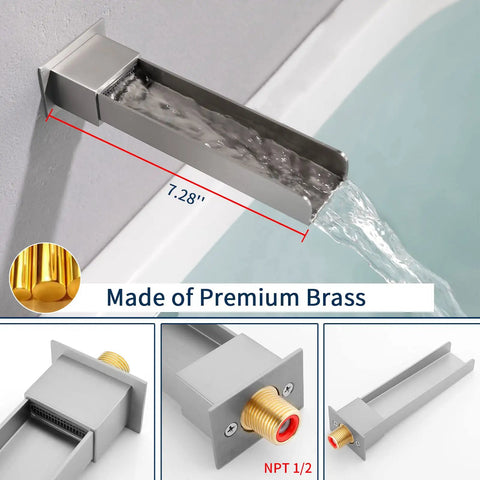 Matte Black Shower Faucet Set With Waterfall Tub Spout, Wall Mounted Tub And Shower Trim Kit With Rough-In Valve, 1/2 Inch NPT
