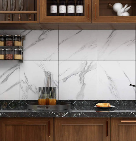 Kitchen backsplash with white marble peel and stick floor tiles 12x12 inch waterproof vinyl flooring for budget friendly easy DIY install