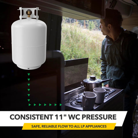 Fairview GR-9984 RV propane regulator on white LP cylinder in a camper kitchen