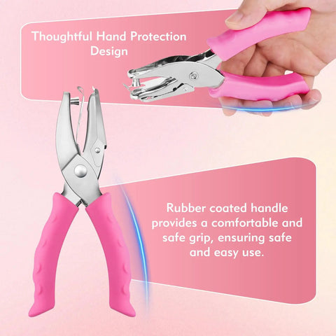 Two Hole Punch Set With Quarter Inch And Eighth Inch Holes, Pink Soft Grip Punch, showcased with rubber coated handle design.