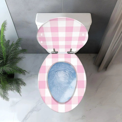 Toilet Seat Resin Waterproof for Bathroom, elongated design in pink checkered pattern, fits standard toilets.