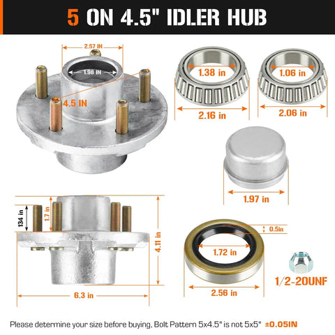 Five Hole Four And A Half Inch Bolt Circle Hot Galvanized Idler Hub Kit For A Three Thousand Five Hundred Pound Boat Trailer Compatible With One And One Sixteenth To One And Three Eighths Inch Tapered Axle Inner And Outer Cone Bearings.