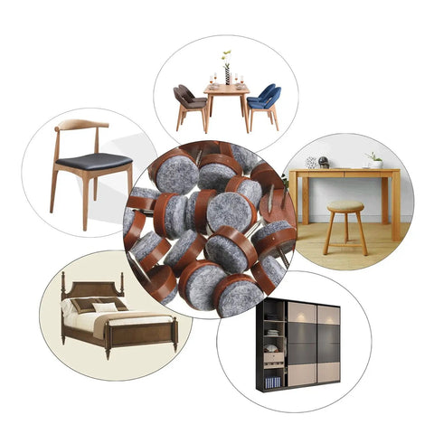 40 Piece Round Heavy Duty Nail On Felt Pads For Furniture Legs And Table And Chair Feet Floor Protectors That Glide Smoothly Brown 18mm Nail Diameter With 15mm Felt Pad shown alongside furniture examples