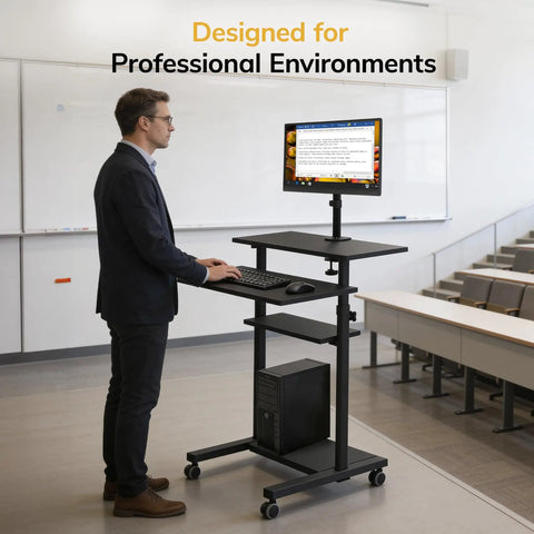 Mobile Computer Cart With Monitor Mount For 32 Inch Screens Rolling Laptop Stand On Wheels Height Adjustable From 37.25 To 53.75 Inches Includes Keyboard Tray Ideal For Classrooms And Offices
