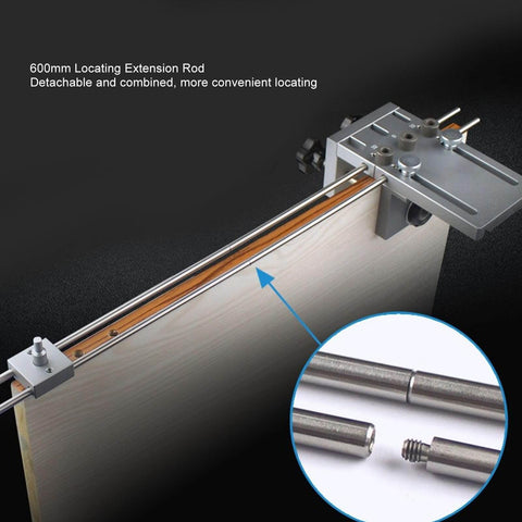 Close-up of pro-grade dowel jig kit with quick-release feature, showing adjustable 6mm, 8mm, 10mm drill sleeve options on a panel.