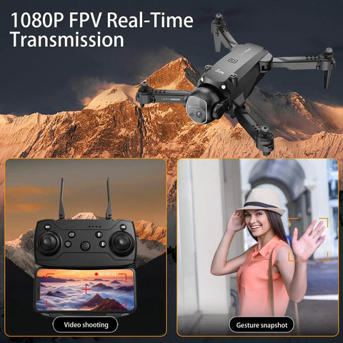 Beginner Friendly Foldable Drone With 1080P HD Camera FPV Live View next to remote and woman using gesture control