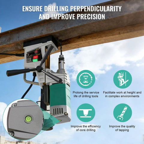 High Power 1550W Magnetic Drill Press With 1.57 Inch Maximum Bore, 210mm Stroke, demonstrating precision drilling with features.